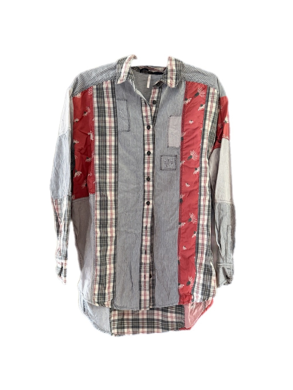 Free People All Patched Up Button Down Shirt Patchwork Plaid Floral Oversized M - Picture 8 of 15